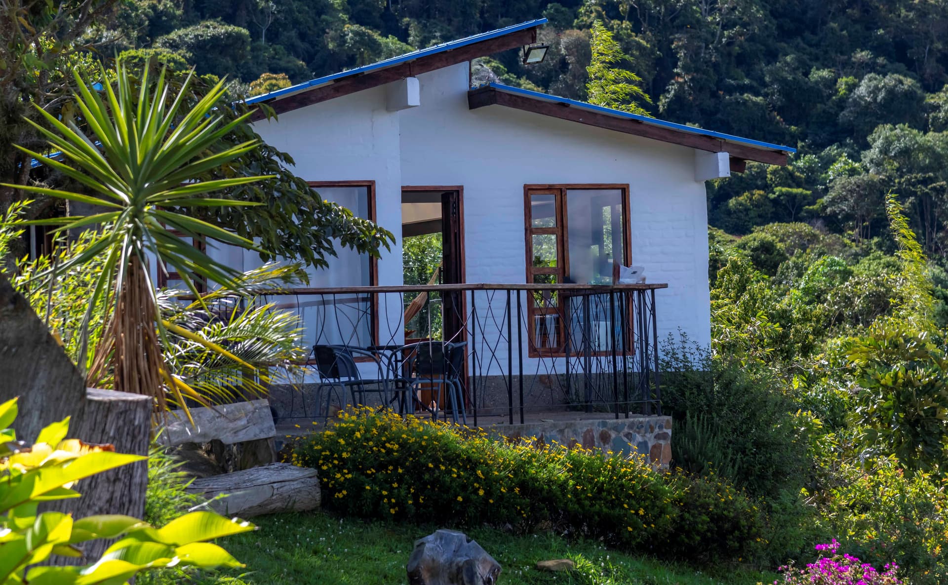 A blue-roofed cabin at La Maima facing the native forest hillside in the mountains of Dapa